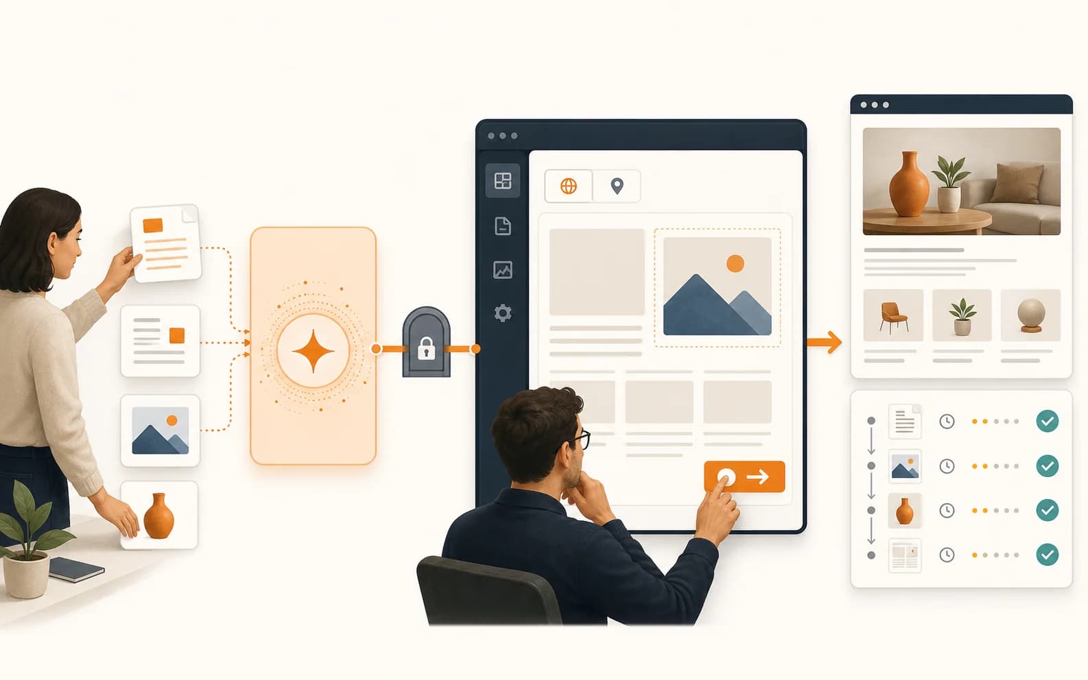 An editor provides a brief and source material, an AI Agent prepares a website page through a locked CMS connection, and a person reviews and publishes the result.
