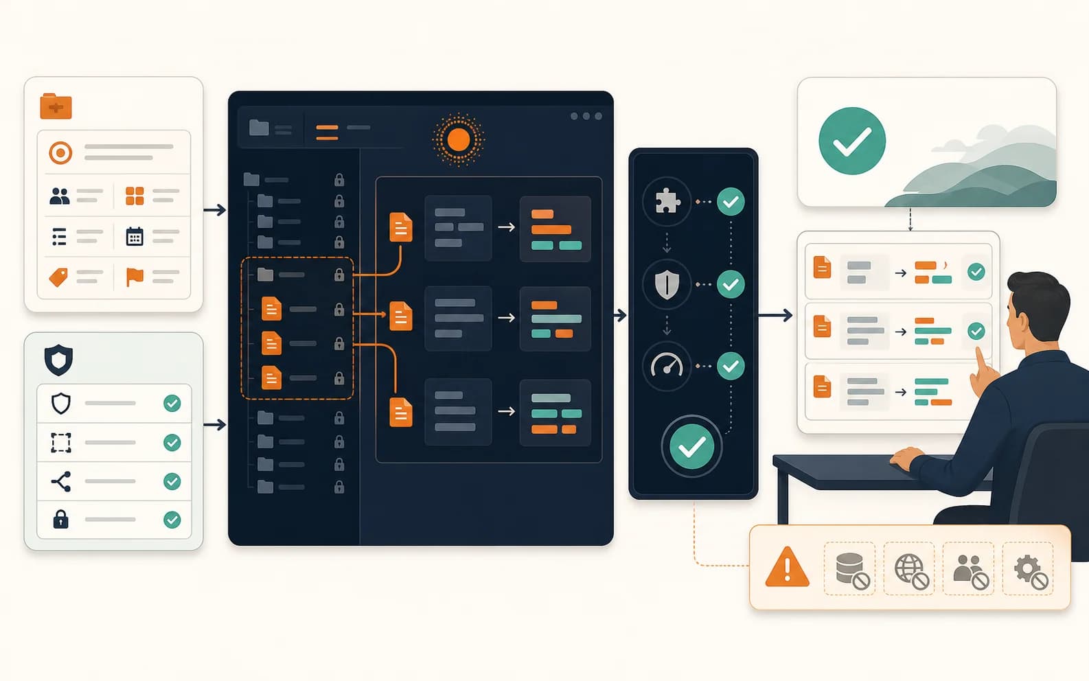 A project brief and repository rules guide an AI coding Agent to change only approved files, run validation, and return passed checks and visible limitations for human review.