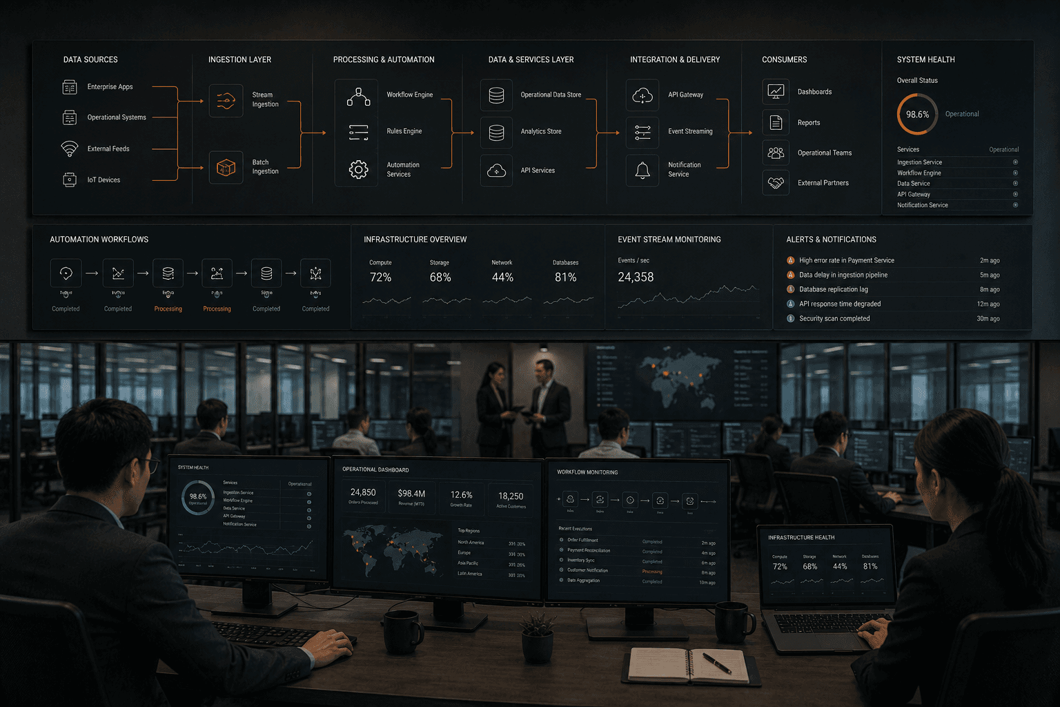 Operations command center with platform dashboards and systems oversight