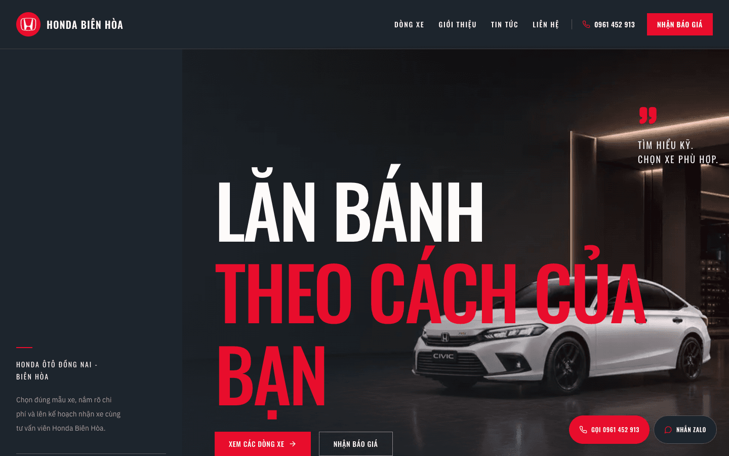 Honda Ôtô Biên Hòa dealership website homepage