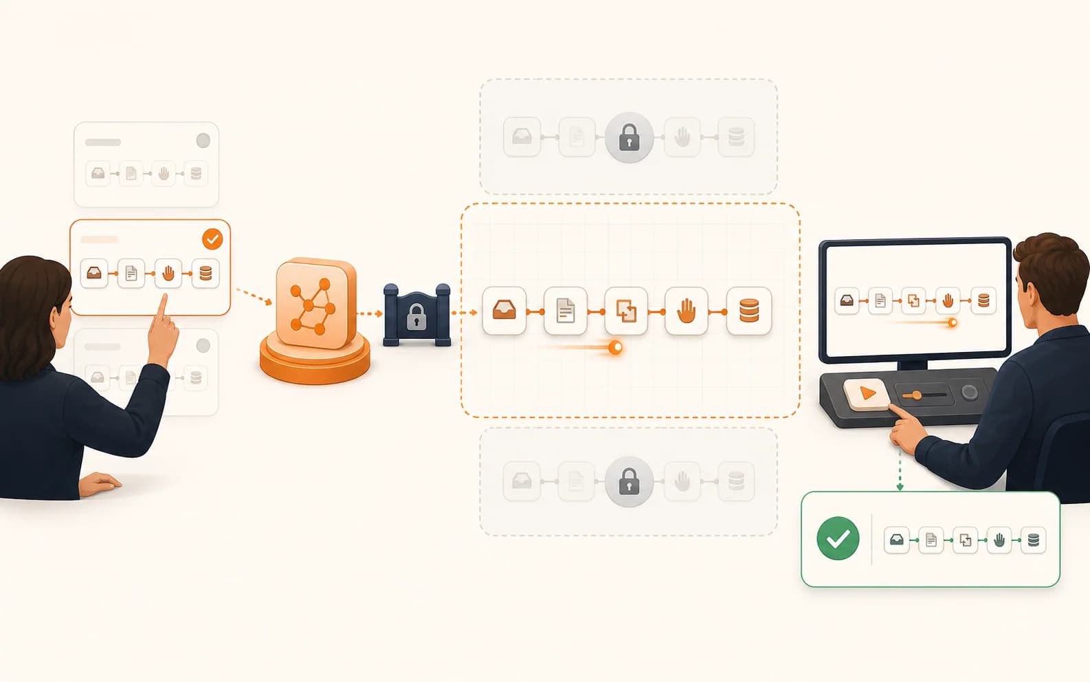 Người vận hành chọn một workflow được duyệt, AI Agent xây dựng trong phạm vi truy cập giới hạn và con người chạy thử trước khi chấp thuận.