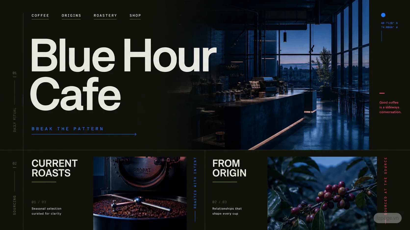 Full preview of the Blue Hour Cafe website direction