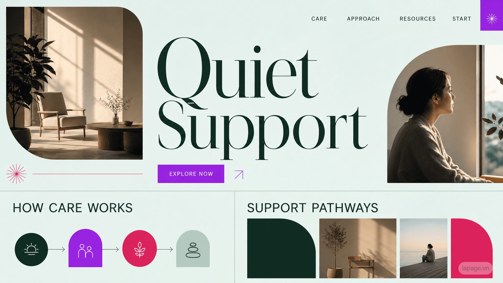 Full preview of the Quiet Support website direction