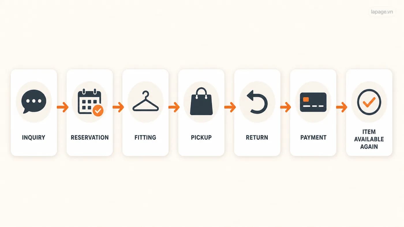 A conceptual clothing rental lifecycle moving from enquiry and reservation through fitting, pickup, return, payment, and item availability again.