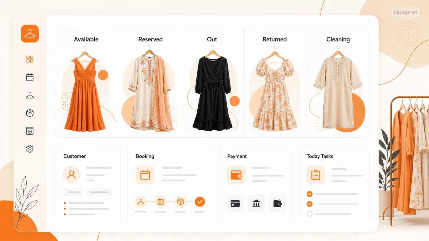 LaPage rental operations interface connecting clothing availability, bookings, customers, payments, returns, and readiness for the next rental.