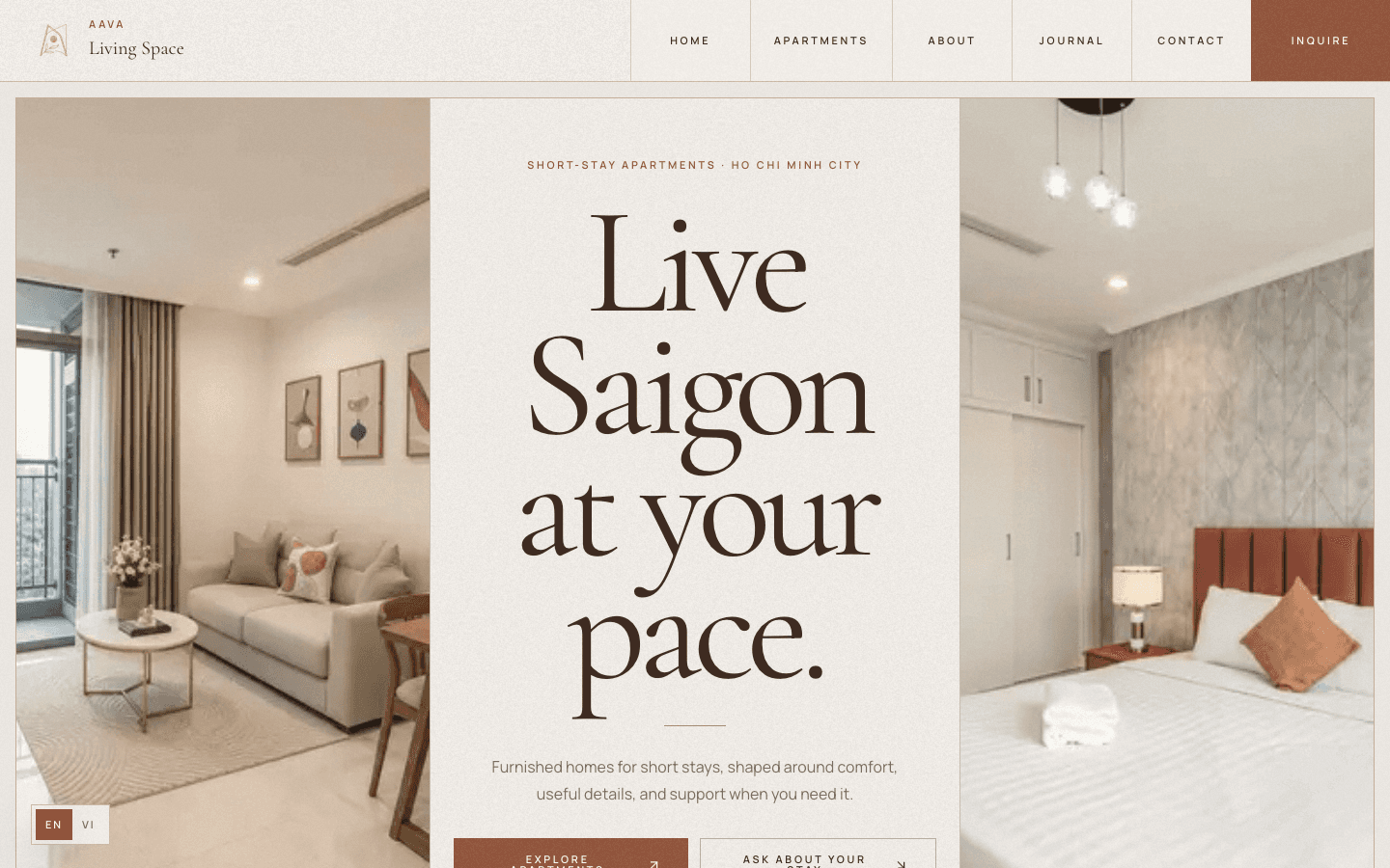 AAVA Living Space serviced apartment website homepage