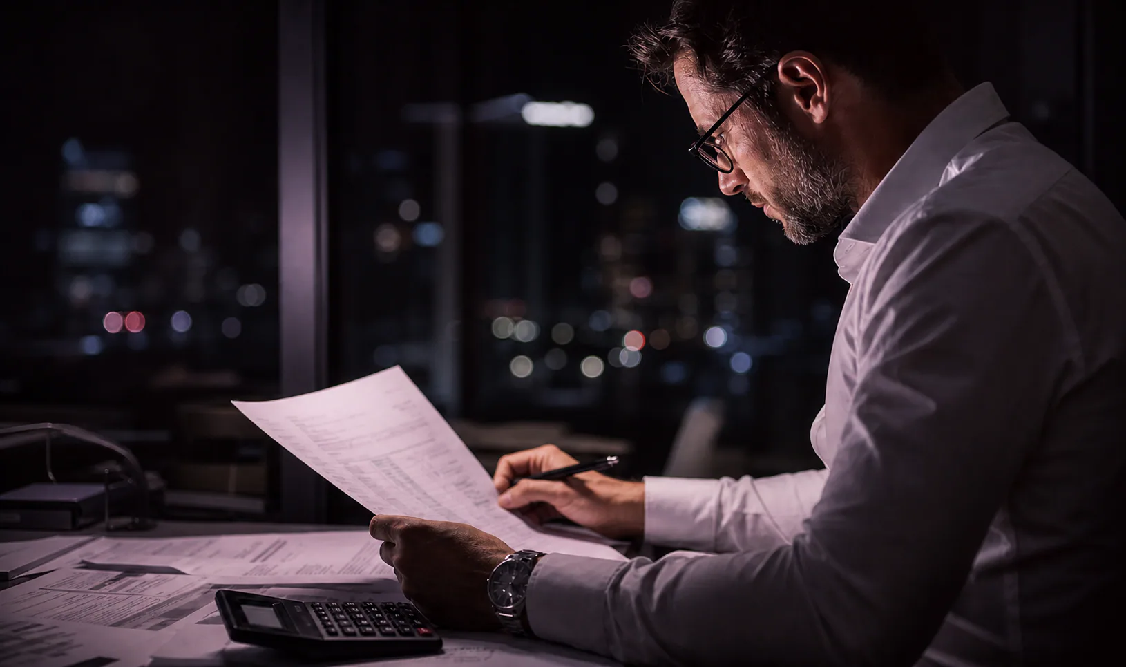 Financial reviewer examining statements at a desk after dark