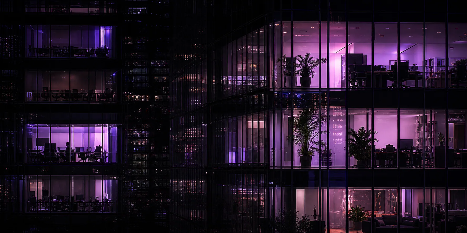 Office floors illuminated in violet at night