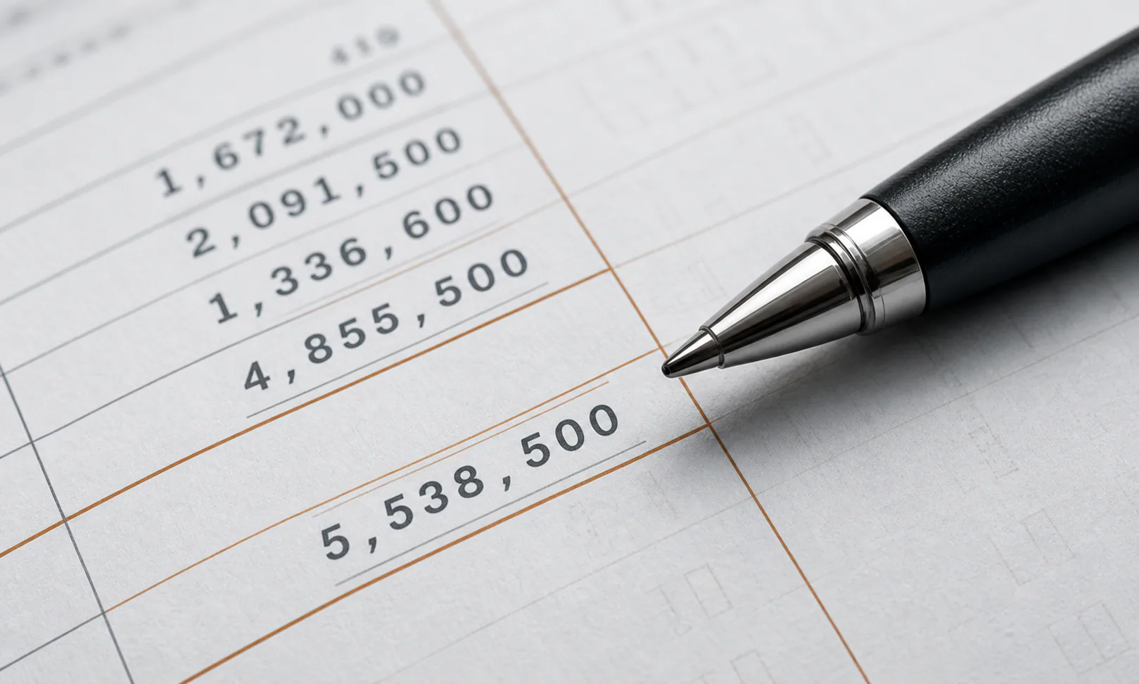Pen beside a financial ledger