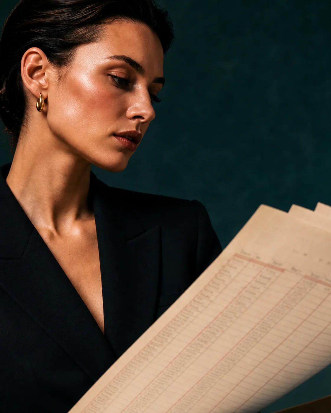 Advisor in a dark suit reviewing a paper ledger