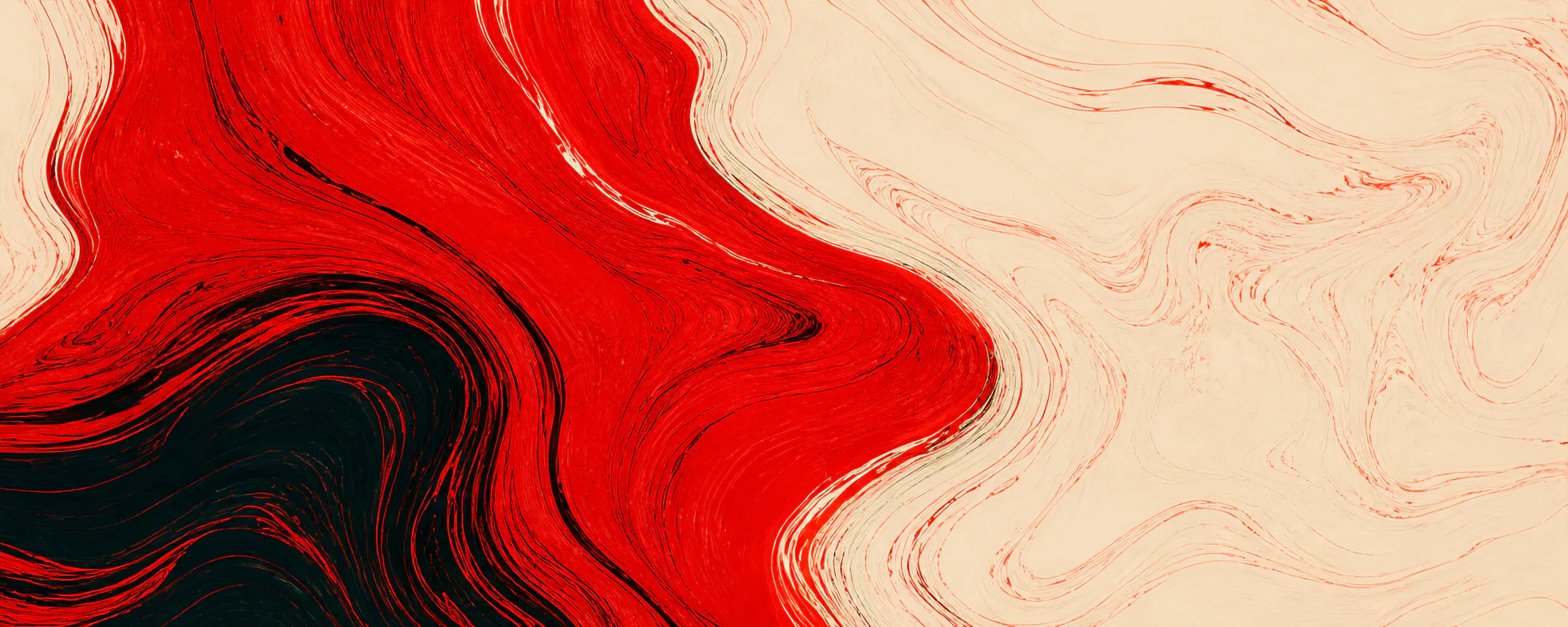 Scarlet and cream marbled paper with a vivid green sweep