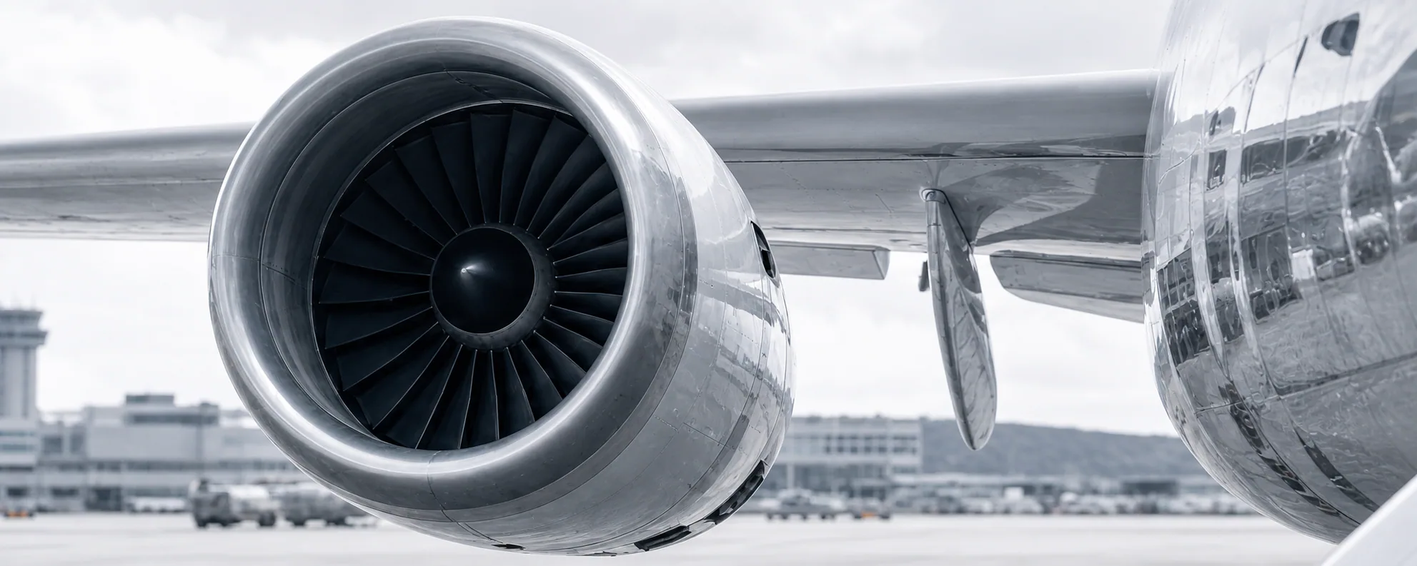 Aircraft turbofan engine viewed on an airport apron