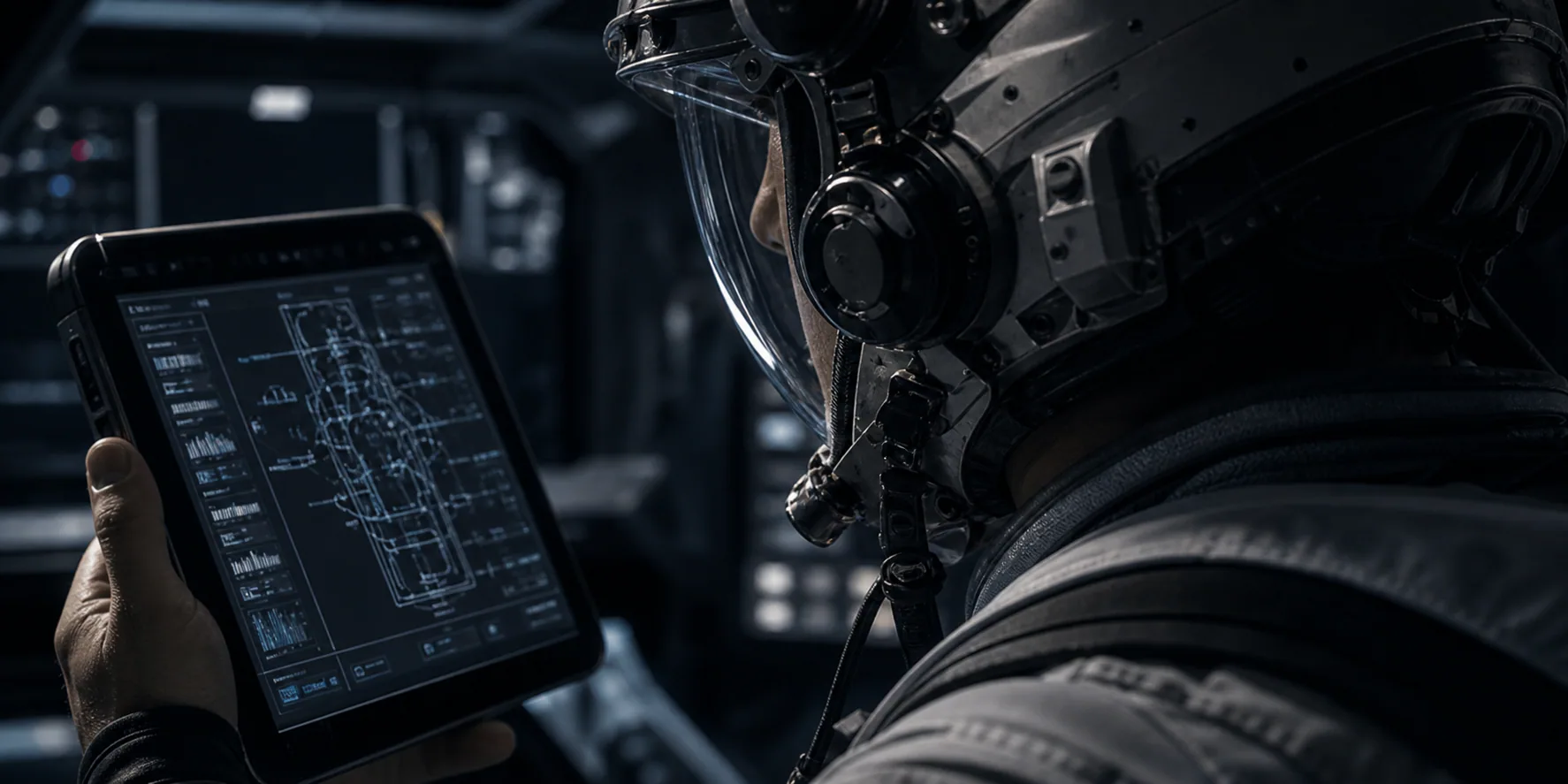 Flight crew reviewing spacecraft telemetry