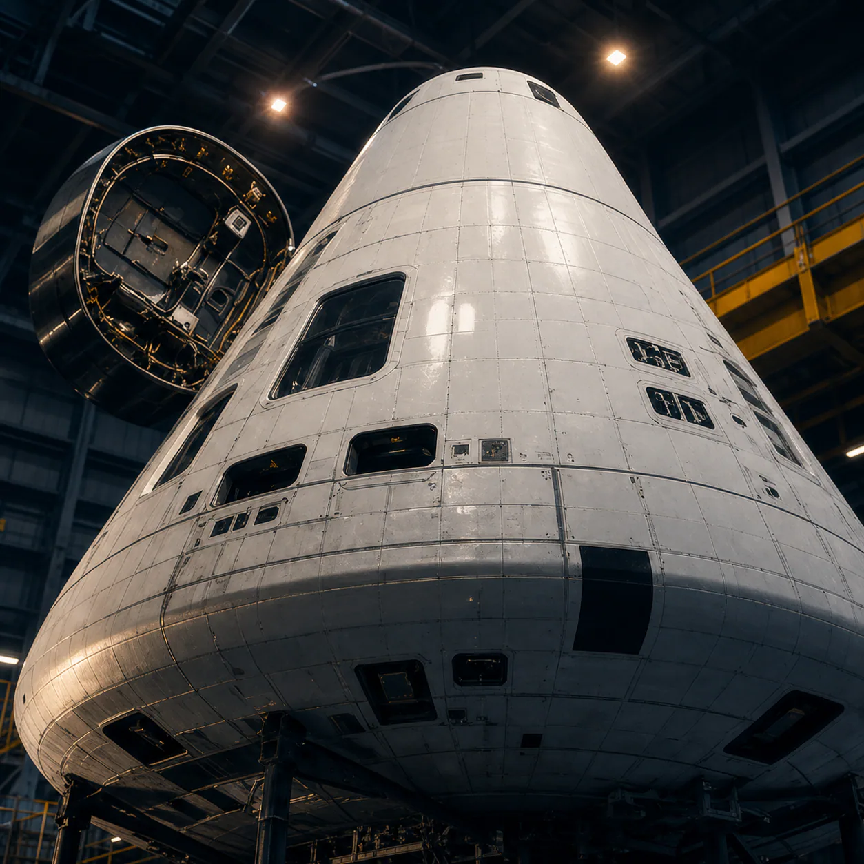 Crew capsule undergoing integration in a hangar