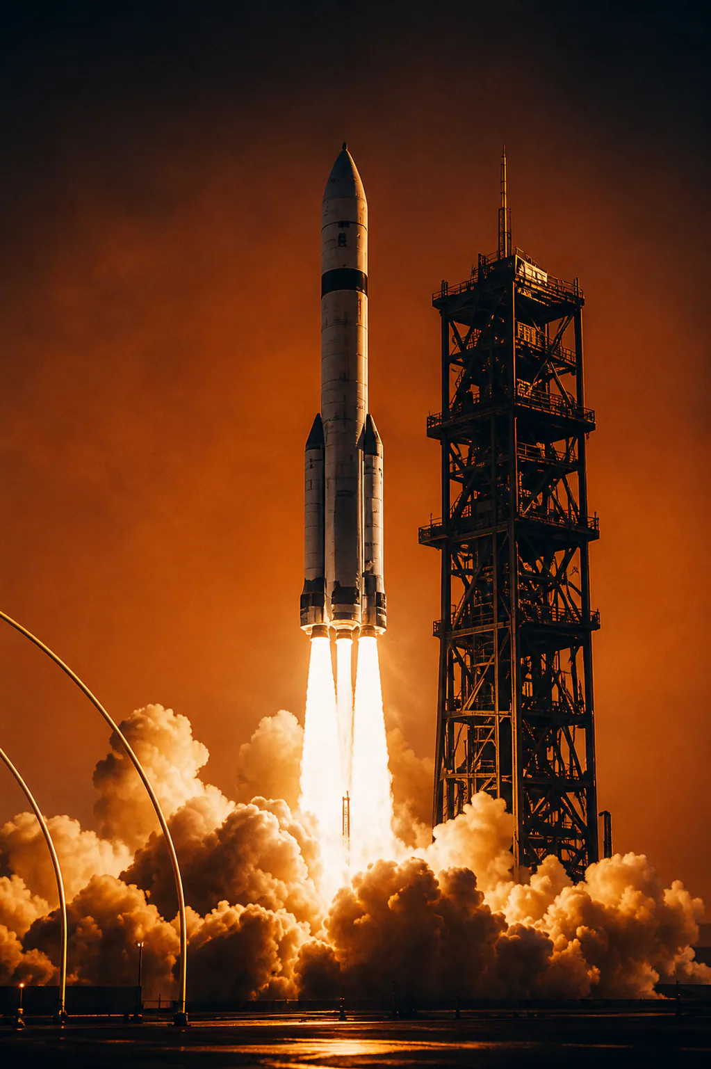 Launch vehicle rising beside a service tower