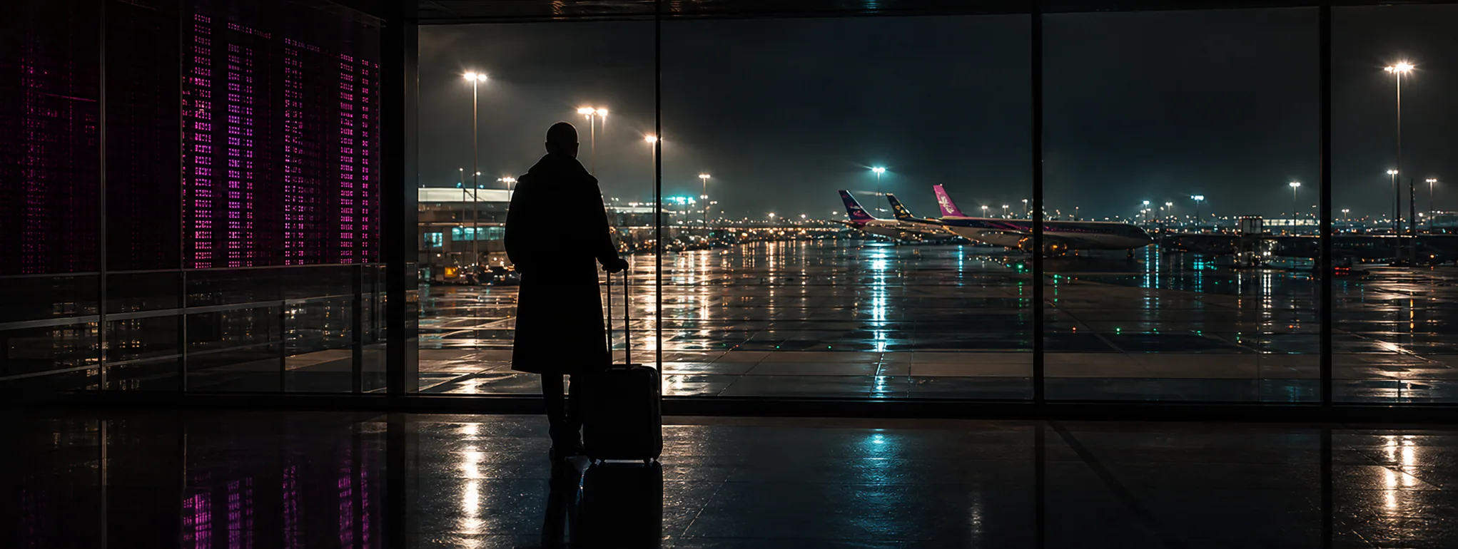 Traveler facing the rain-lit airport apron