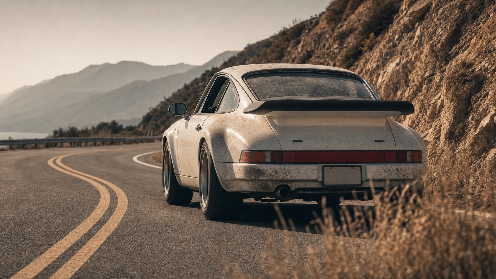 Performance car driving through a mountain road