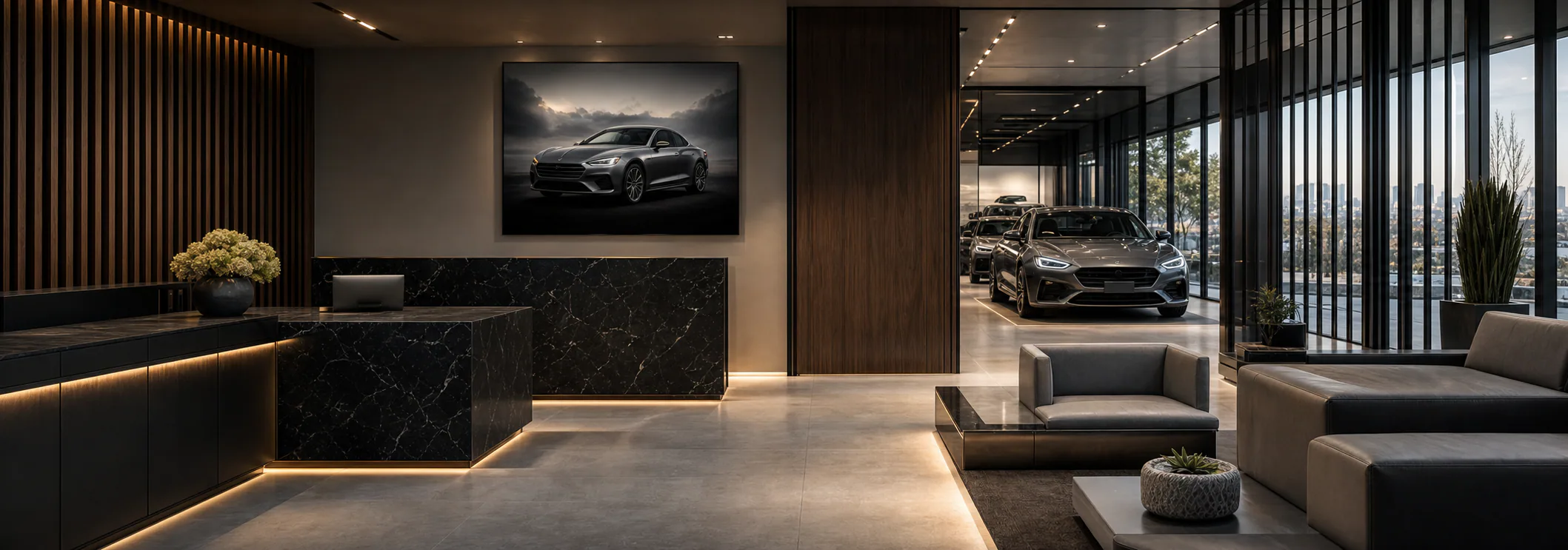 Warm walnut and black marble showroom interior with two cars