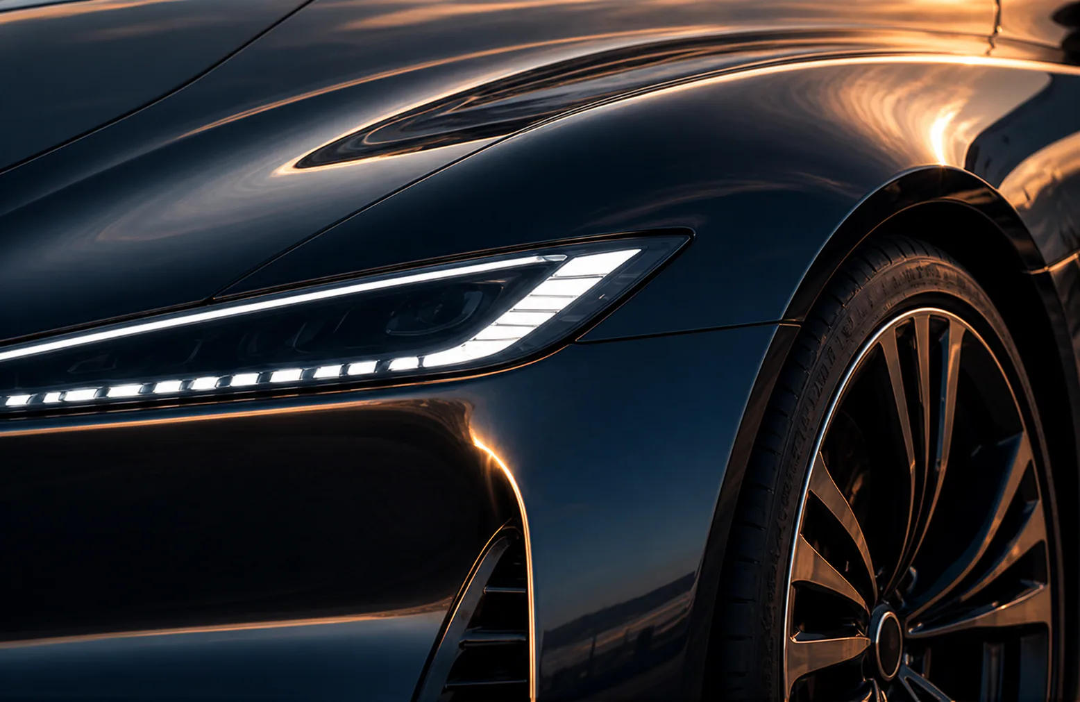 Close detail of a midnight blue coupe headlamp and wheel