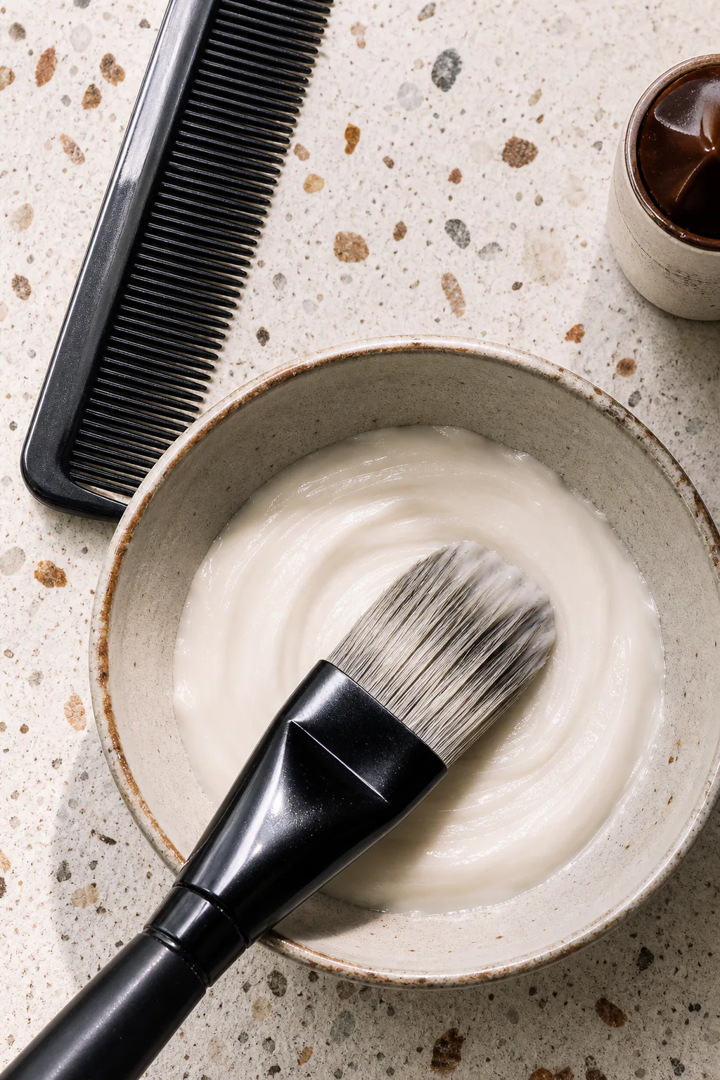 Facial treatment brush resting beside a formula