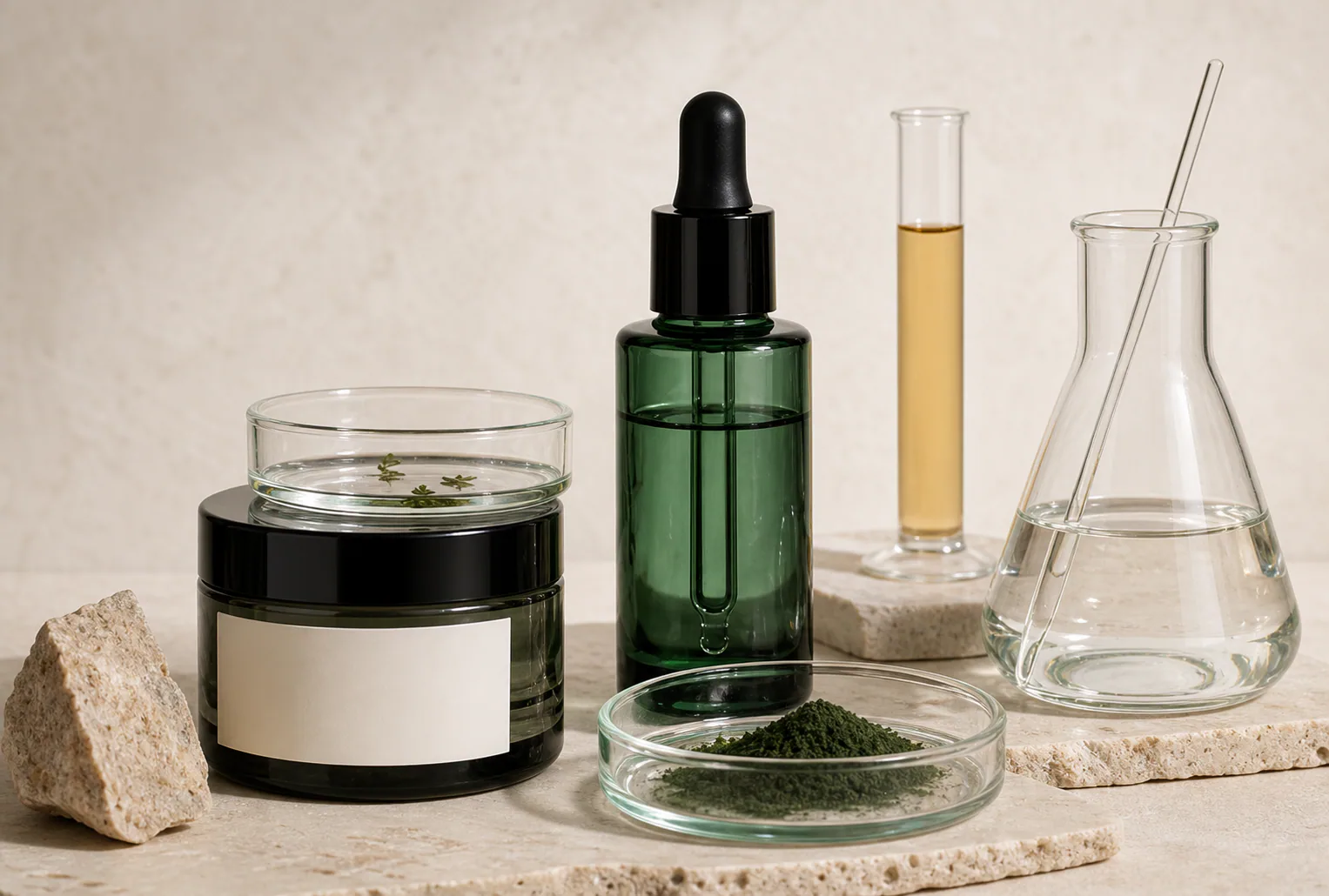 Glass beakers and amber bottles arranged for a skincare formulation study