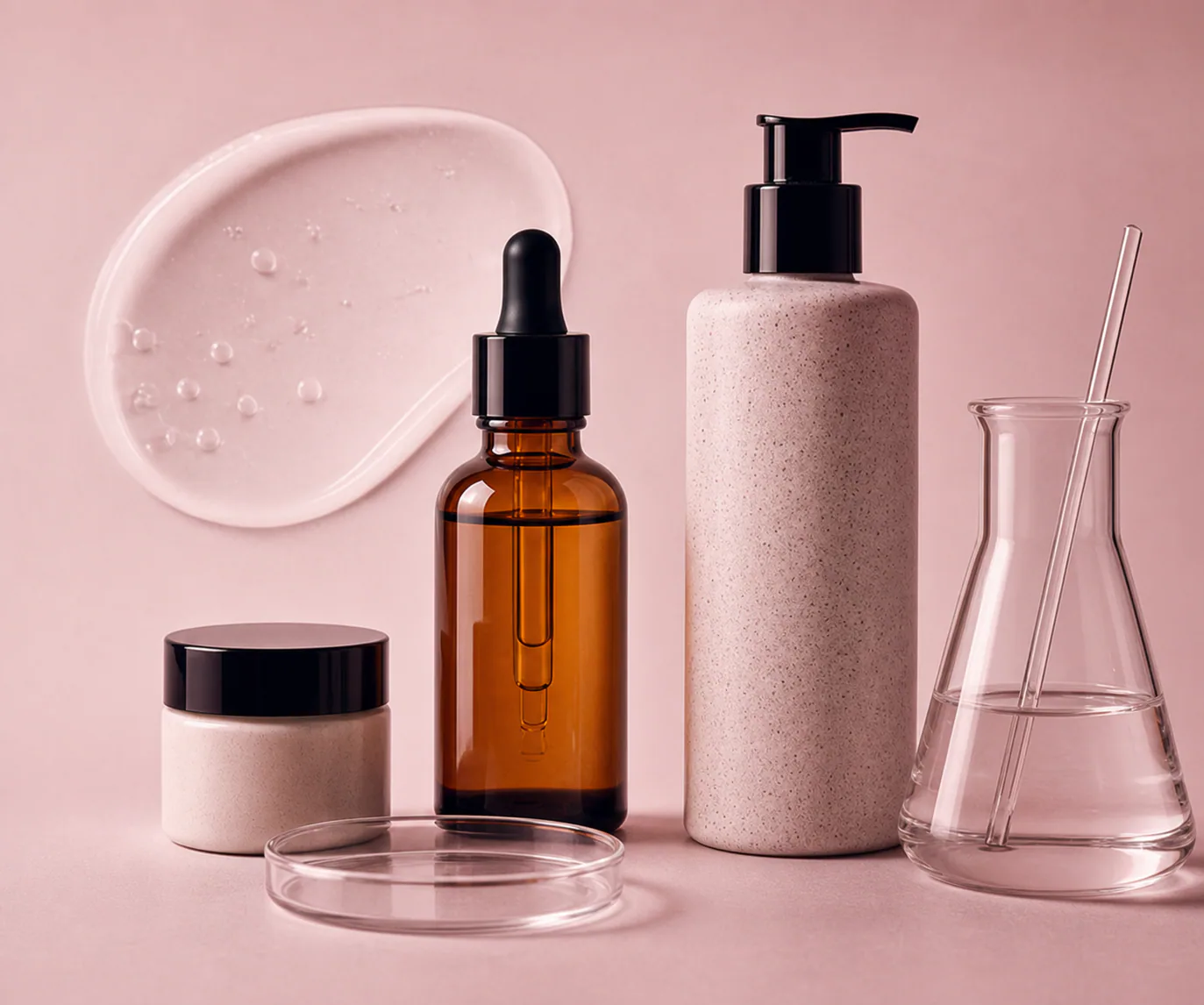 Amber skincare bottle beside laboratory glassware
