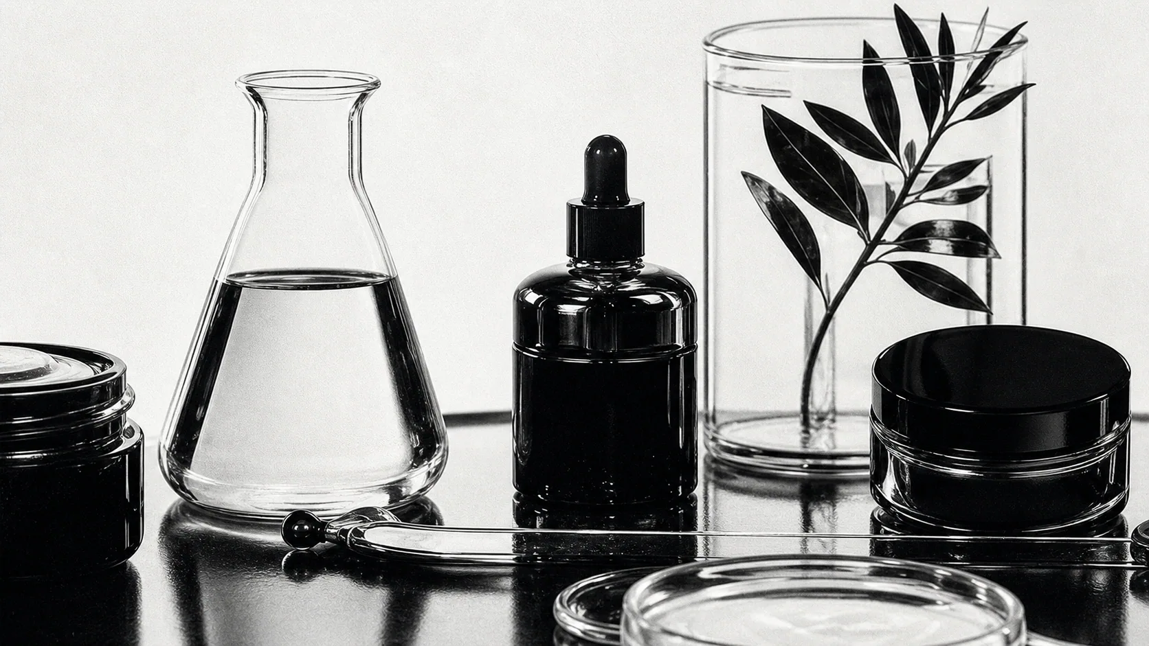 Skincare jars and laboratory glassware arranged on a workbench