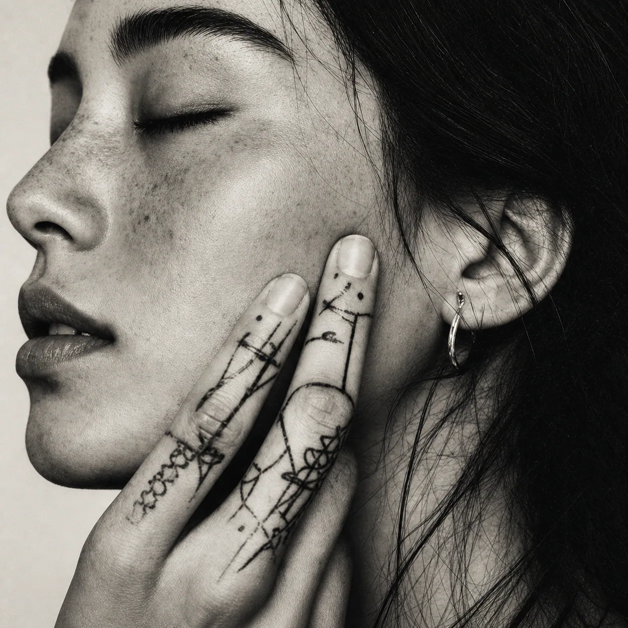 Close portrait of a client touching the side of her face