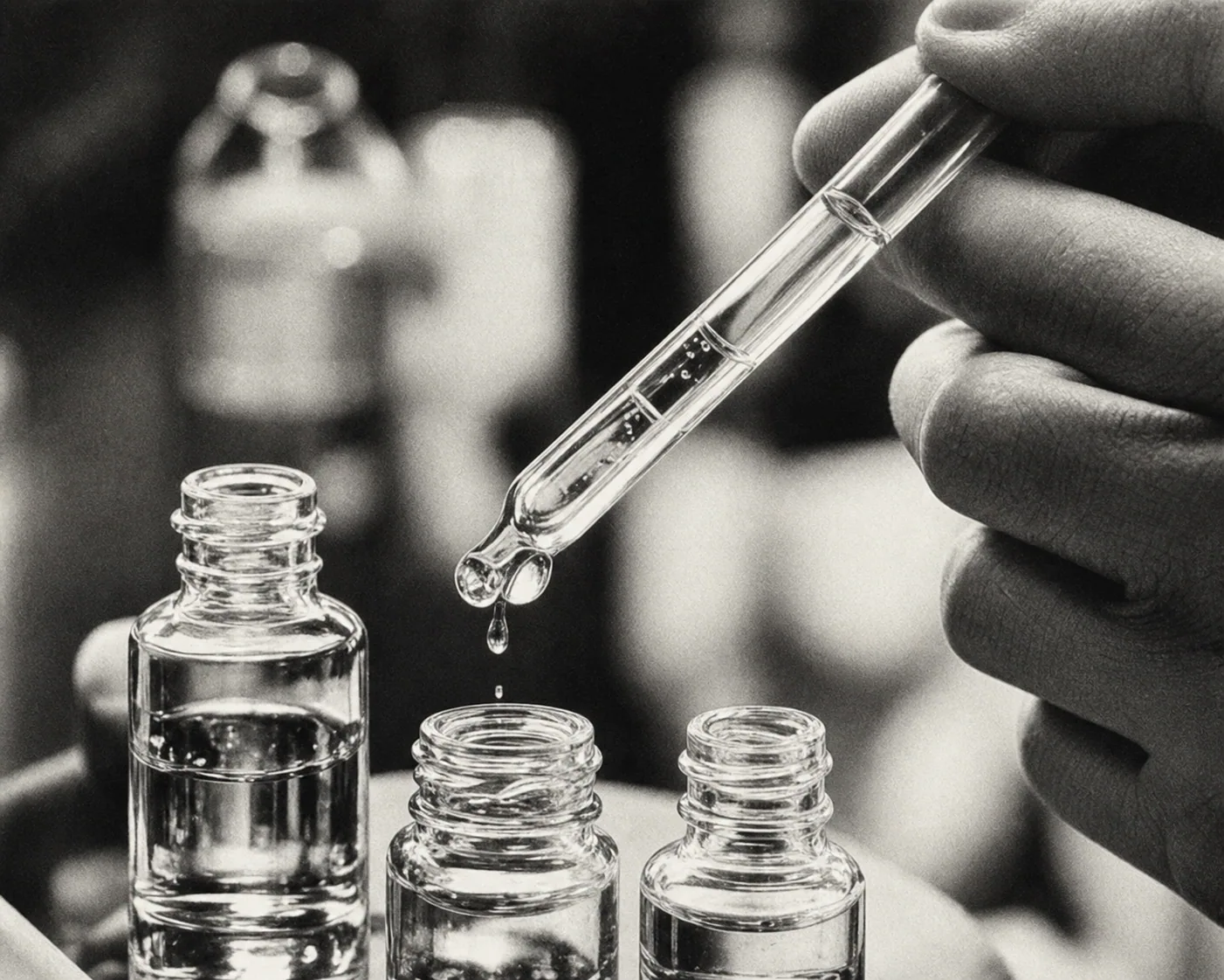A dropper releasing serum into small laboratory bottles