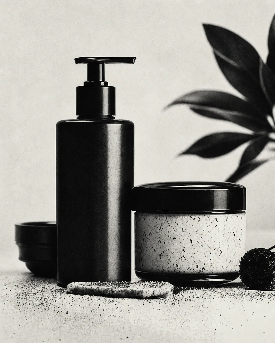 Minimal skincare bottles and jars beside a leafy branch
