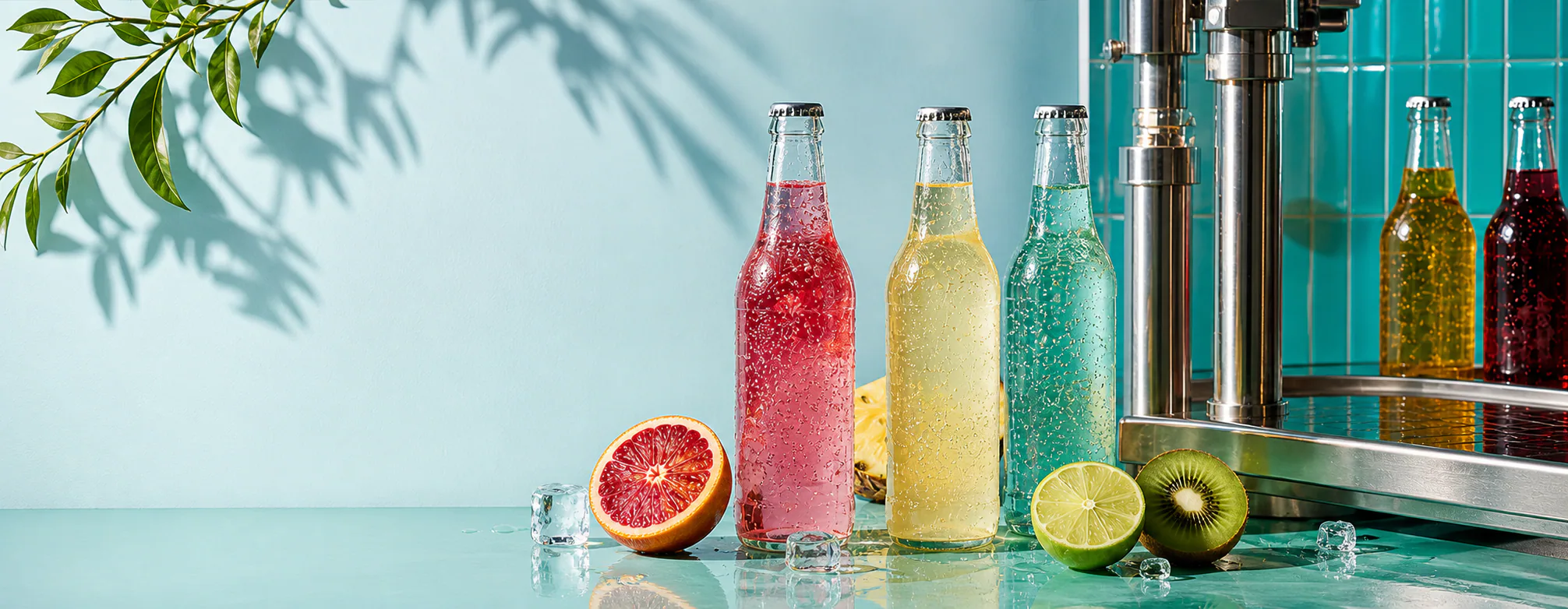 Colorful sparkling drinks, citrus fruit, and a bright bottling studio