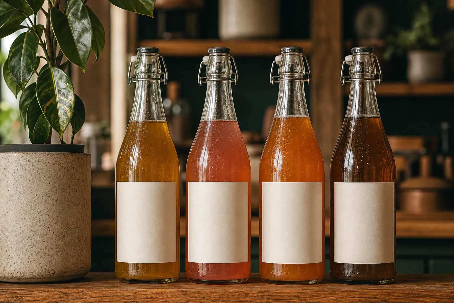 Small-batch sodas on a workshop shelf