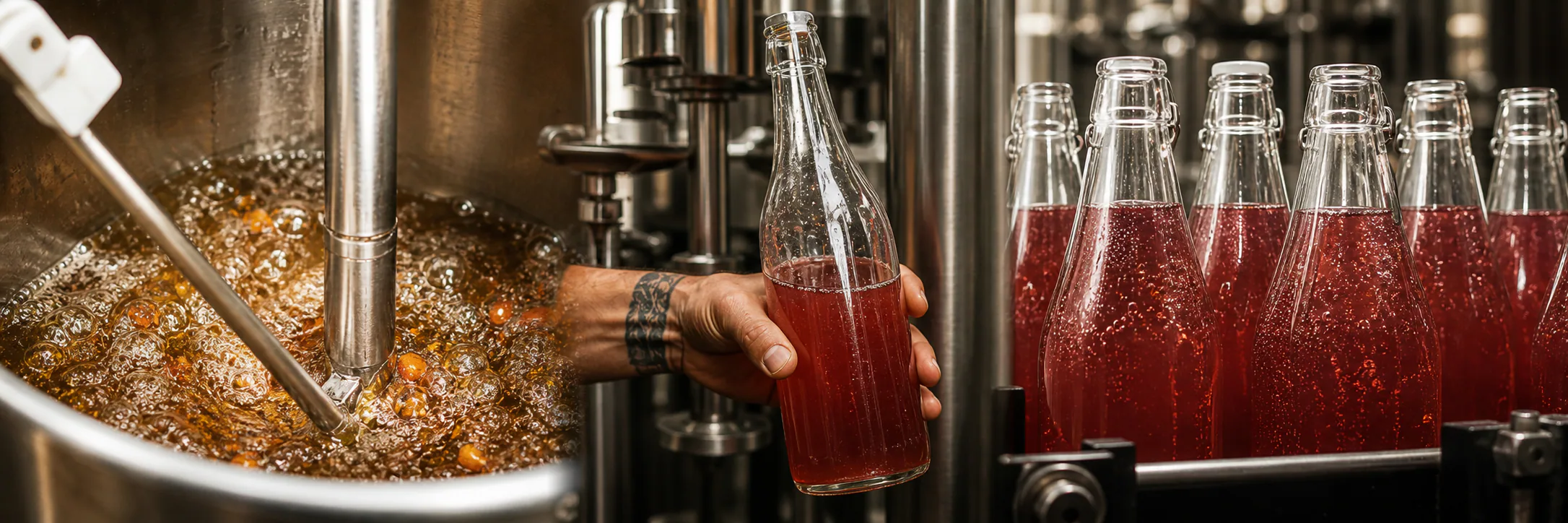 Stirring, filling, and bottling botanical soda