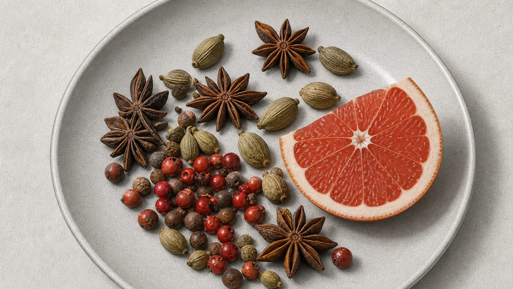 Grapefruit, herbs, and whole spices for a botanical recipe
