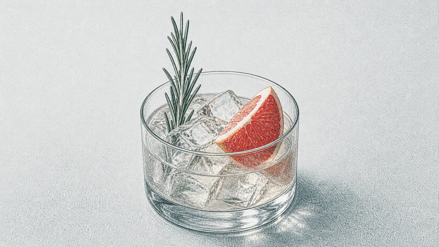 Clear botanical drink with grapefruit and rosemary