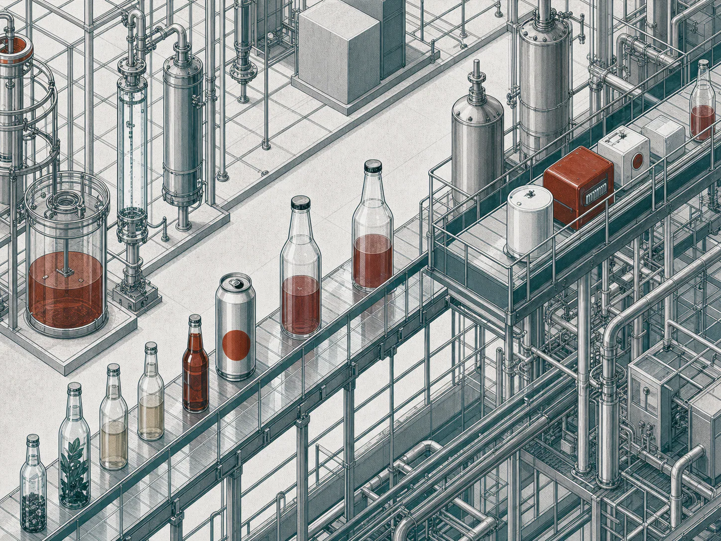 Isometric beverage bottling line with tanks, bottles, and conveyors