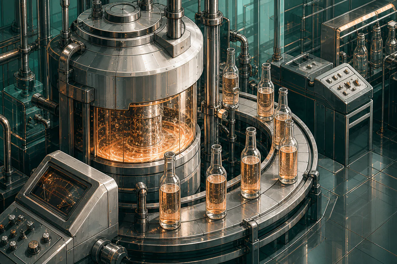 Stainless steel bottling machine filling amber tonic bottles