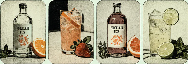 Cinder and Citrus bottles and citrus drinks arranged with herbs