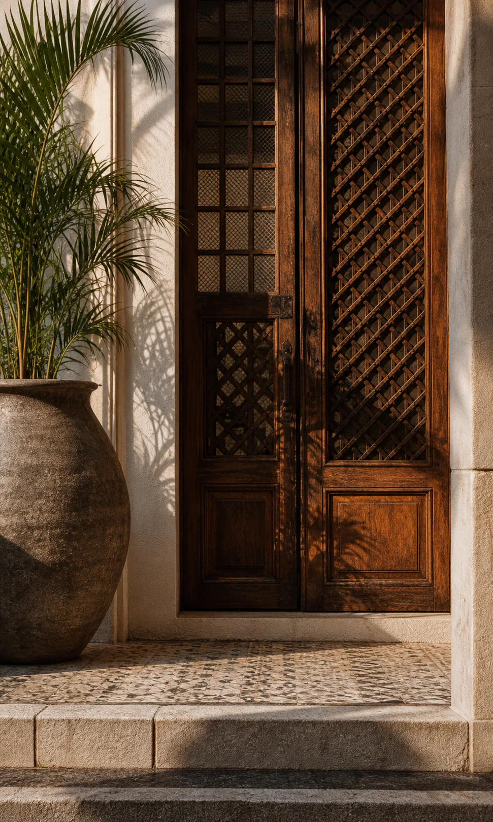 Carved timber entrance to The Meridian House