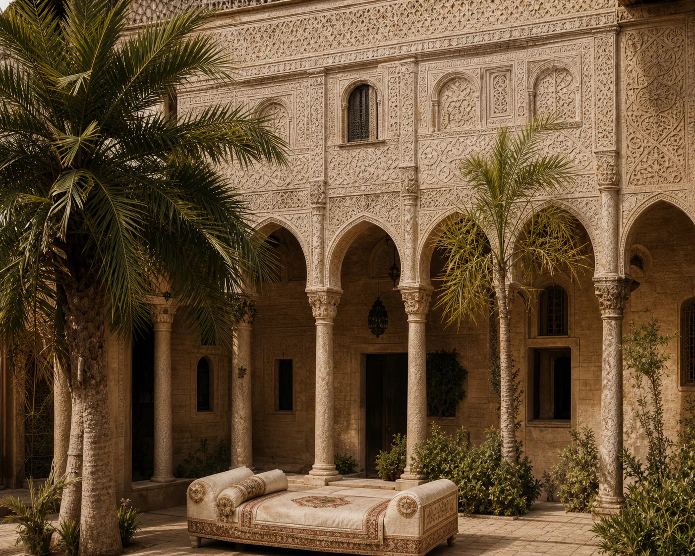 Quiet courtyard with layered architecture and plants