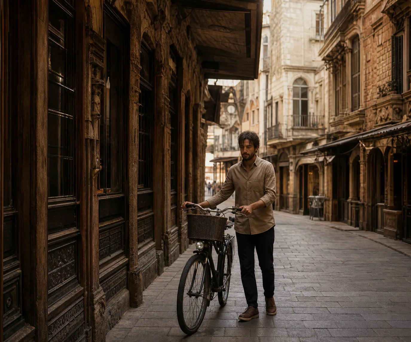 Cyclist moving through a narrow neighborhood street