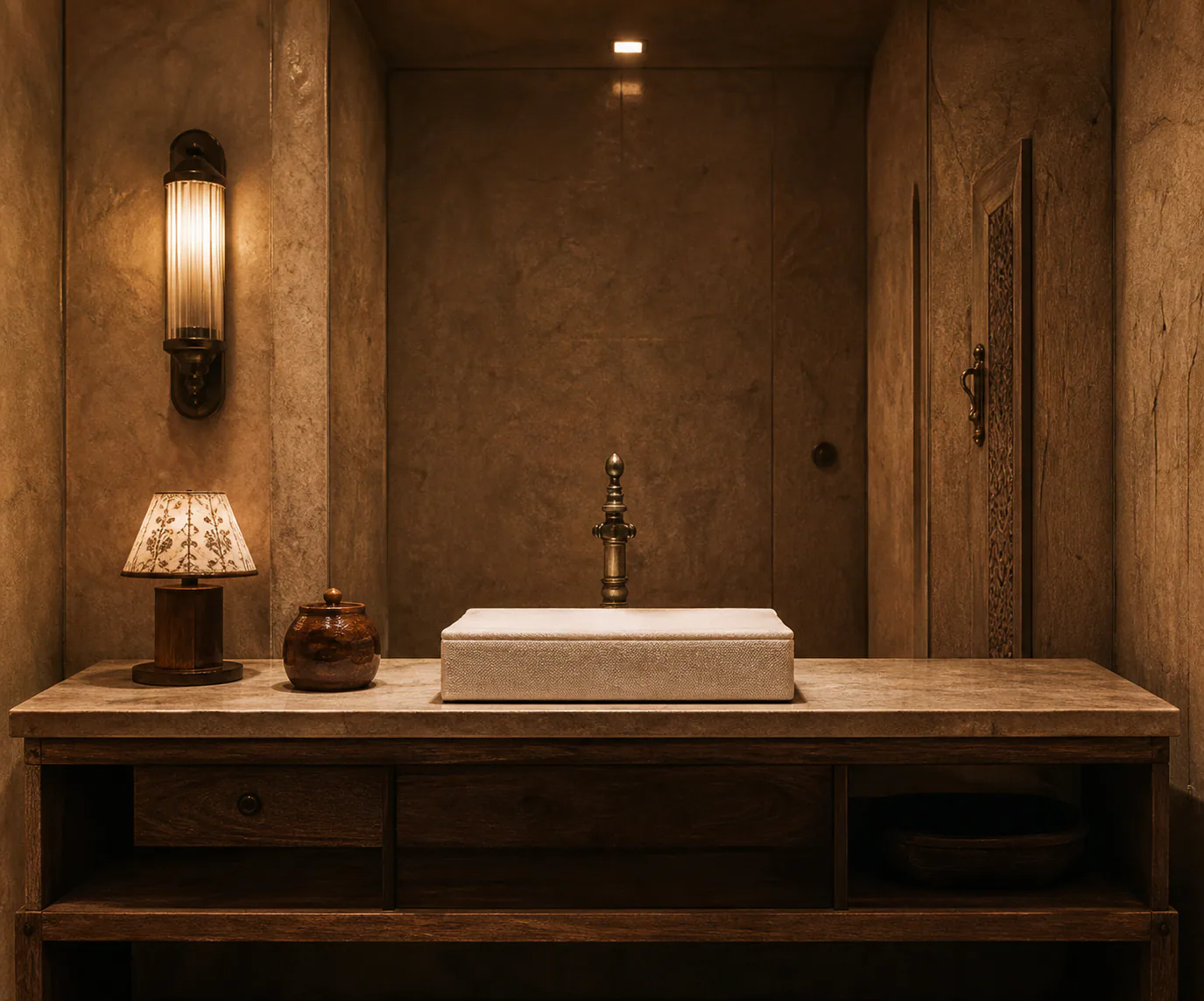 Stone washroom details and a folded linen towel