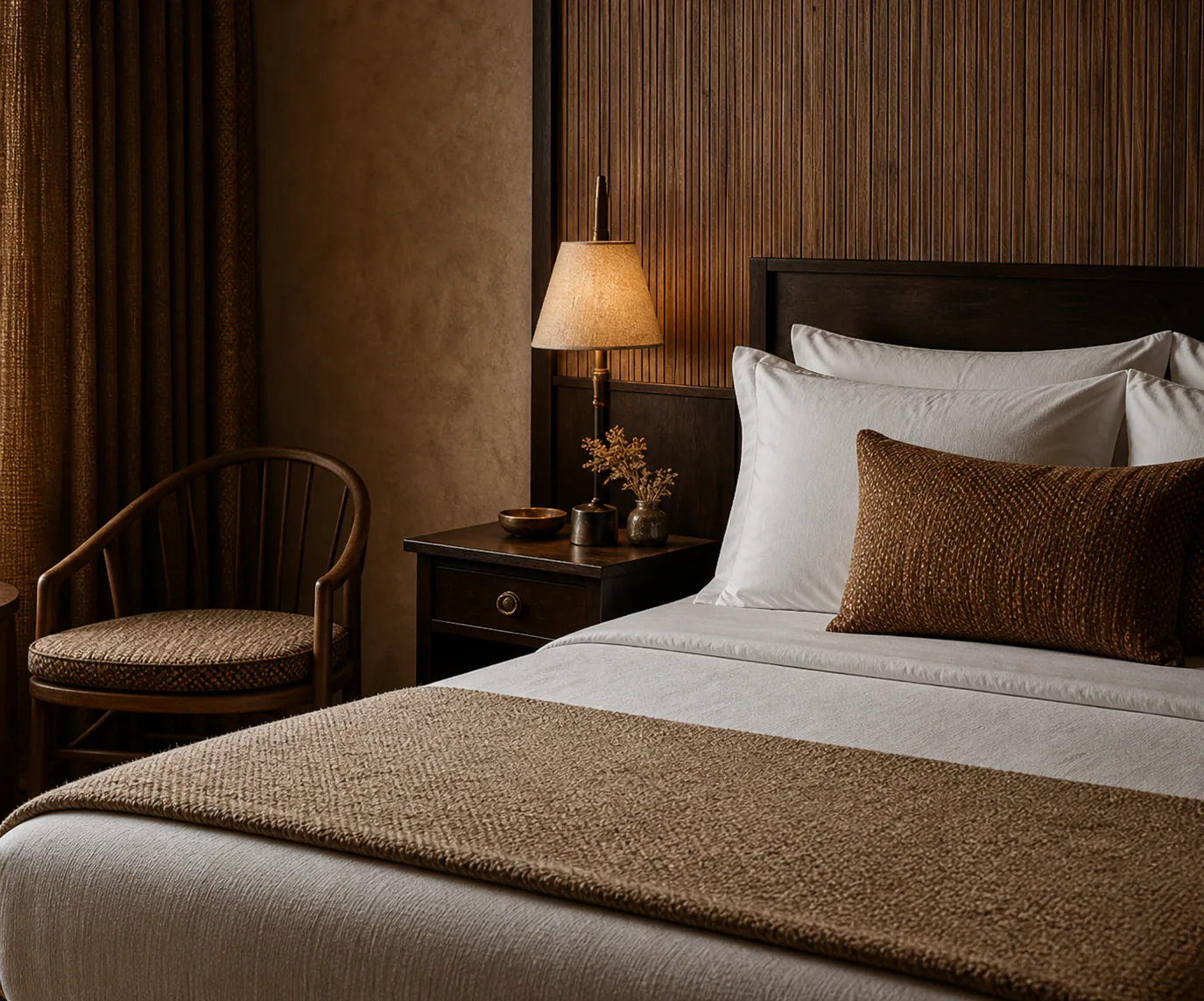 Warmly lit bedroom with a low timber bed