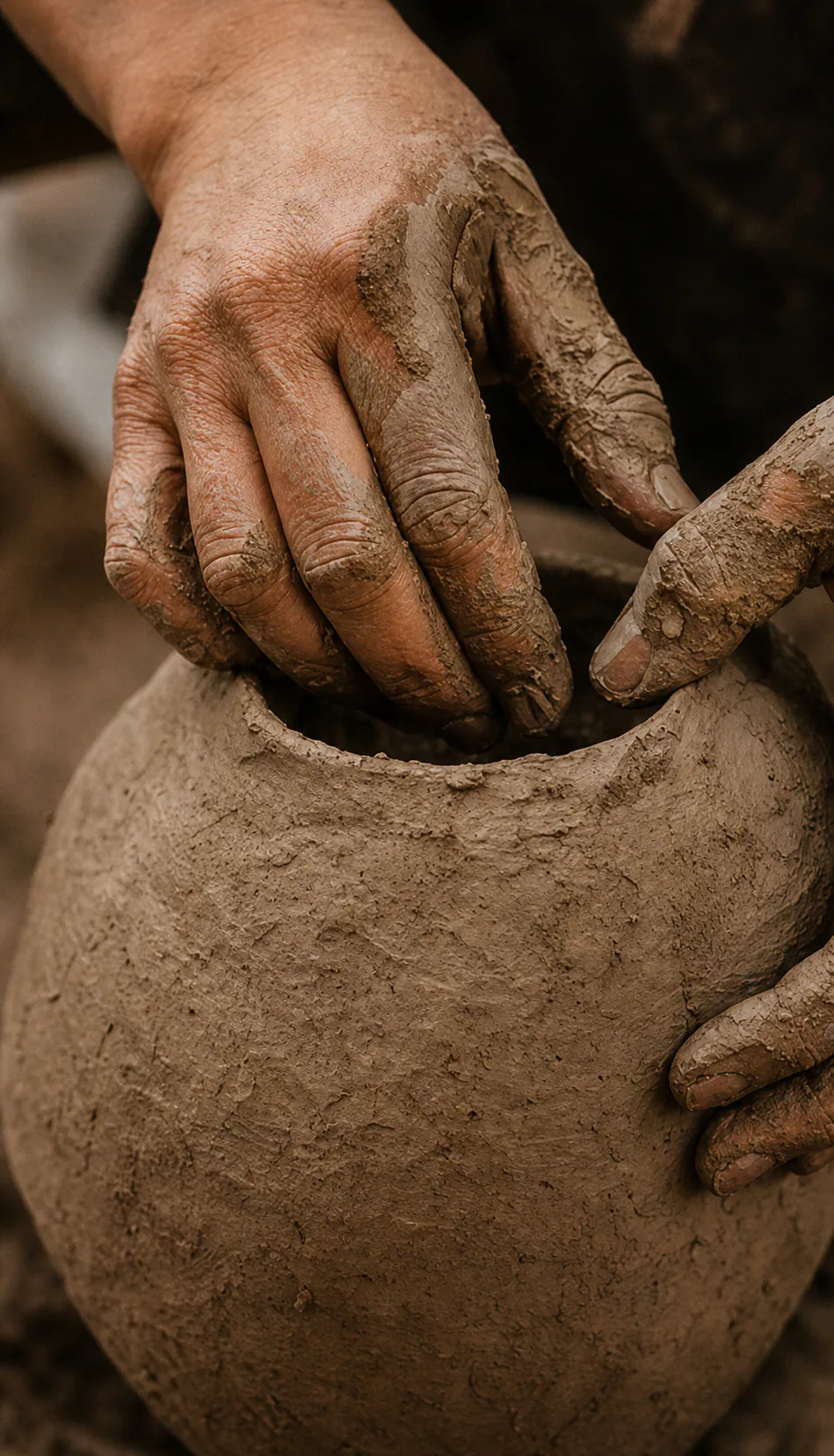 Clay-covered hands shaping a large earthen vessel