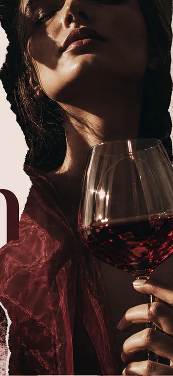 Editorial collage of a wine glass, portrait, landscape, and torn paper textures