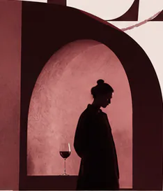 Dark silhouette moving through a wine-colored installation