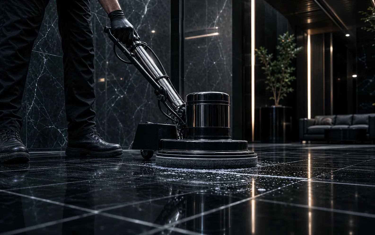 Crew member polishing a glossy black tile floor in a dark lobby