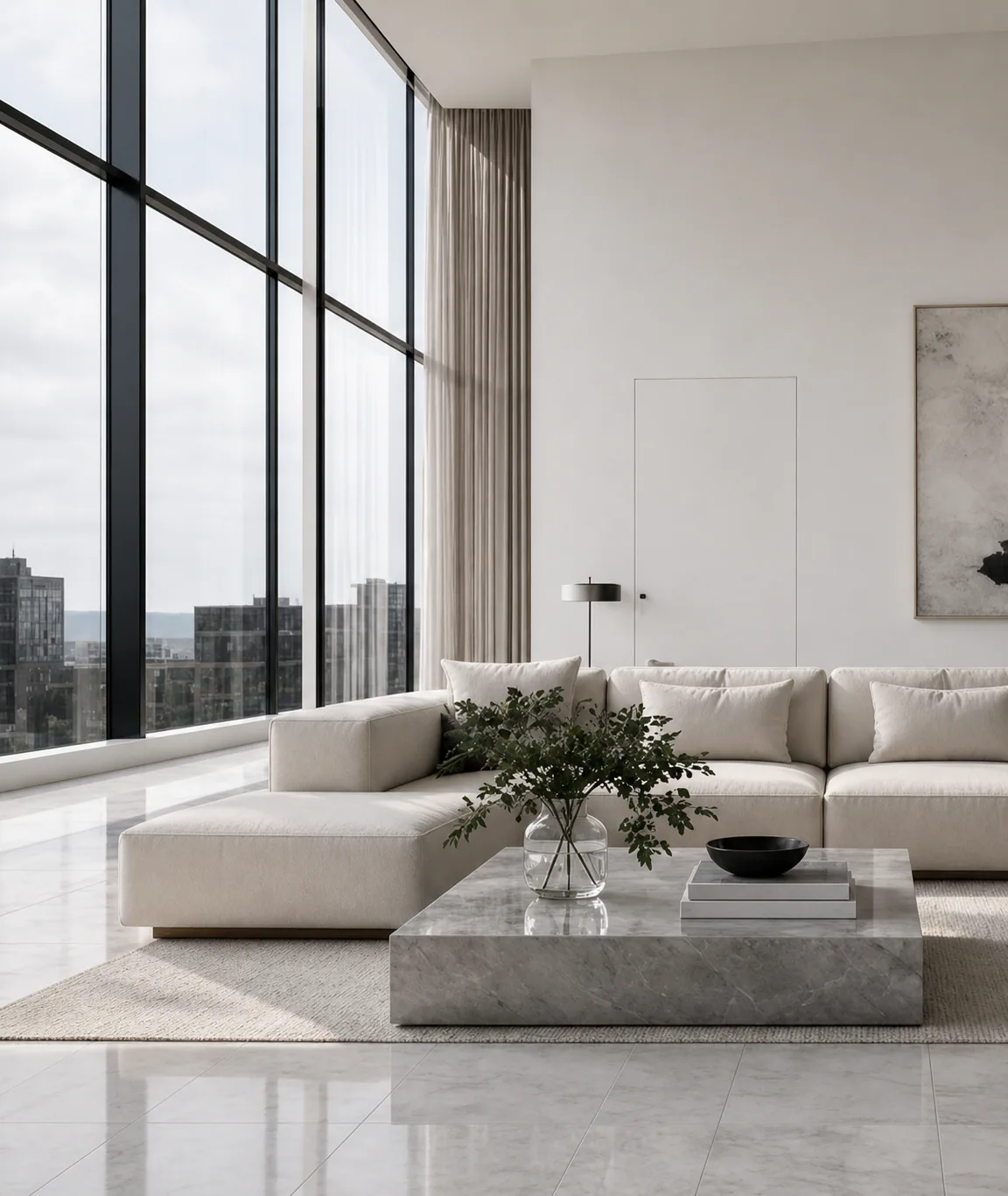 Sunlit pale living room prepared for a residential clean