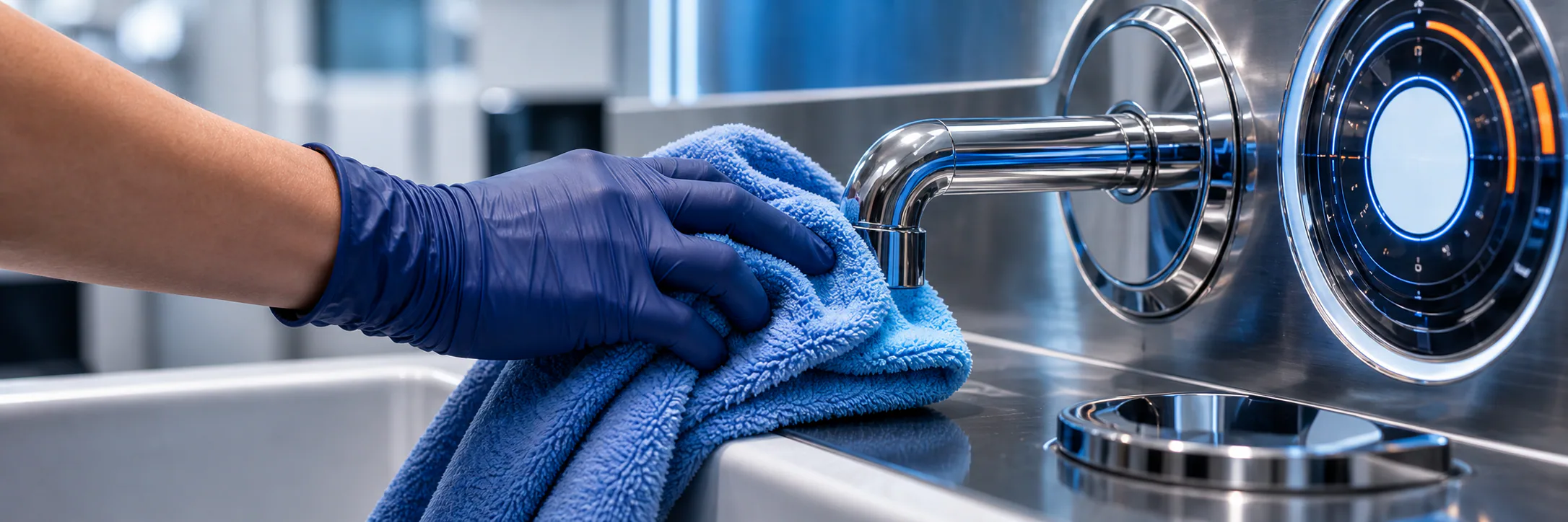 Gloved hand making a polished surface spotless