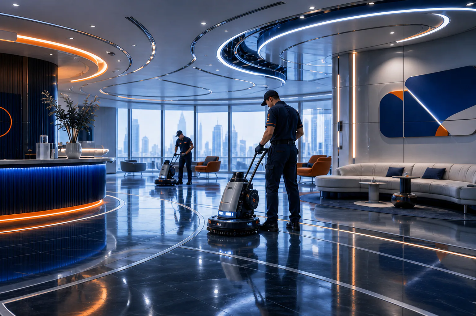 Cleaning specialist polishing a modern interior floor